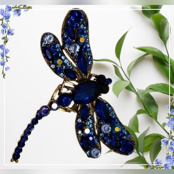 Blue Rhinestone Dragonfly Brooch In Gold Tone Setting - Picture 1 of 3